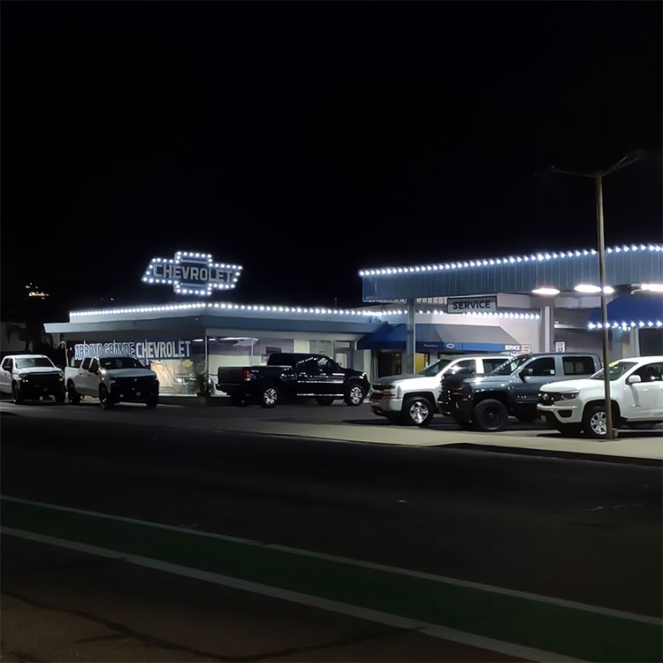 Lighting at Chevrolet Dealer, sign and roof lights